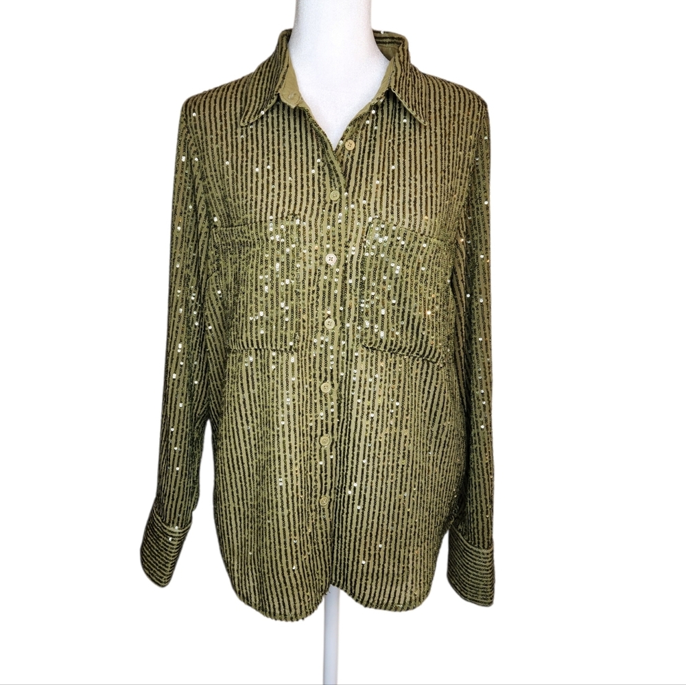 Anthropologie The Remie Sequin Olive Green Button Down Shirt Size Medium